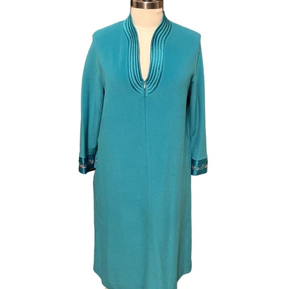80s Vintage JCPenney Green Fleece Zip Front Midi Robe with Sculpted Neckline M - Picture 1 of 6